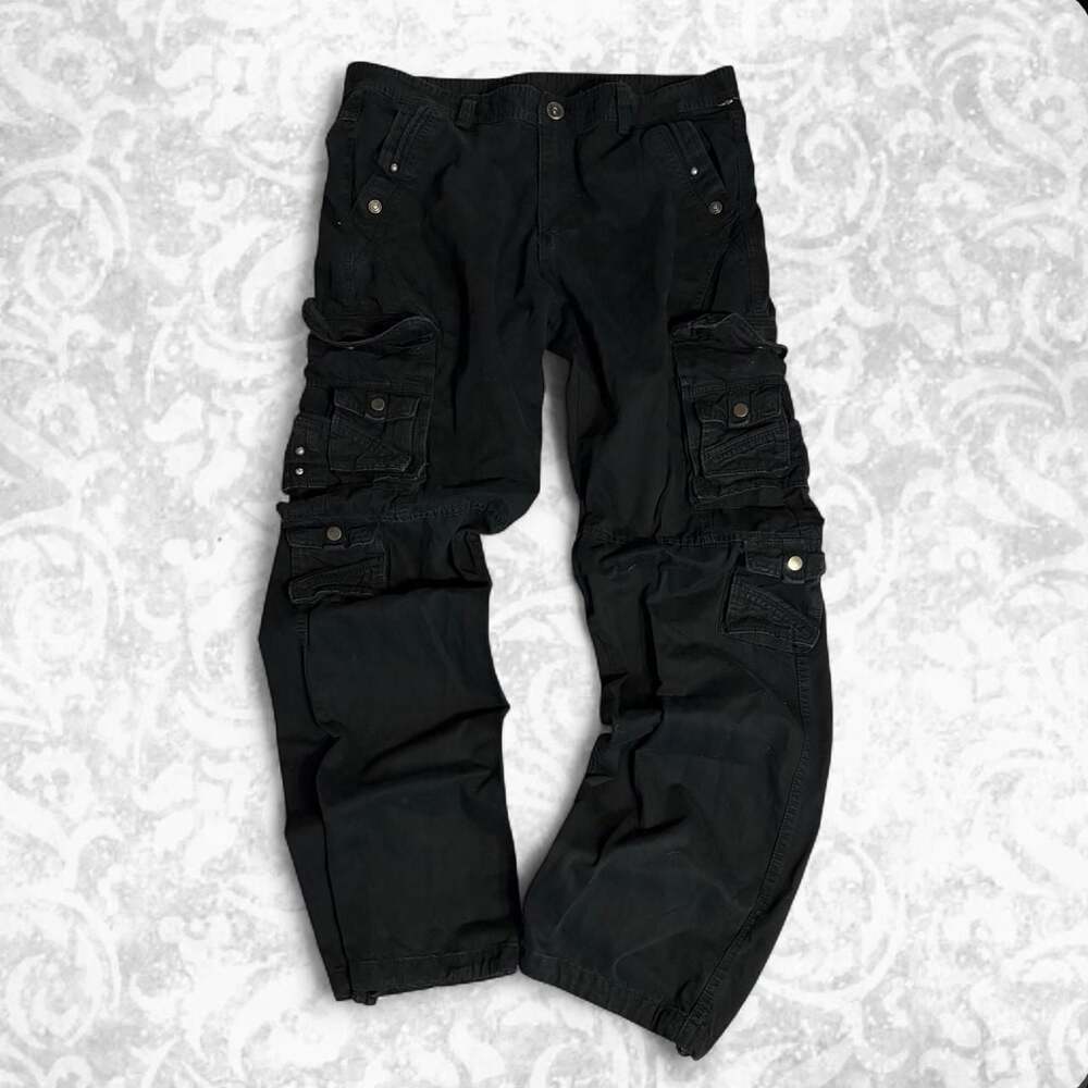 Vintage Cyber Y2K Multi-Pocket Studded Cargo Pants Black Size 38